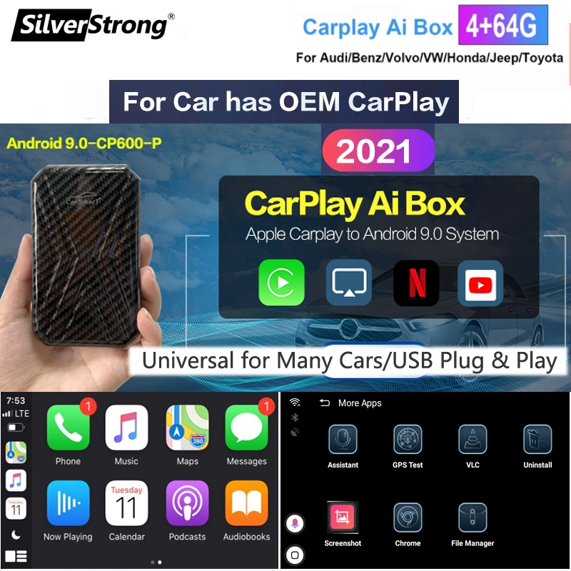 Silverstrong Ai Box CarPlay Android 9.0 Multimedia Box CarPlay اللاسلكي للهاتف وAndroid لسيارات مرسيدس بنز/أودي/فولكس فاجن/فورد/بورش/تويوتا/هوندا/نيسان