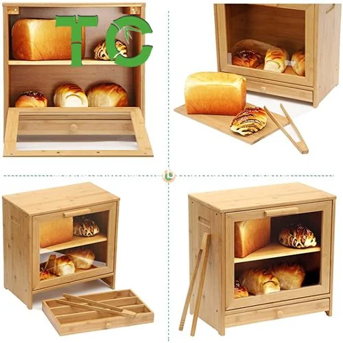 Wholesale/Supplier Bamboo Bread Box with Sliding Cutting Drawer Bread Bin with Front Window, Adjustable 2 Layer Food Storage Bin with Removable Layer