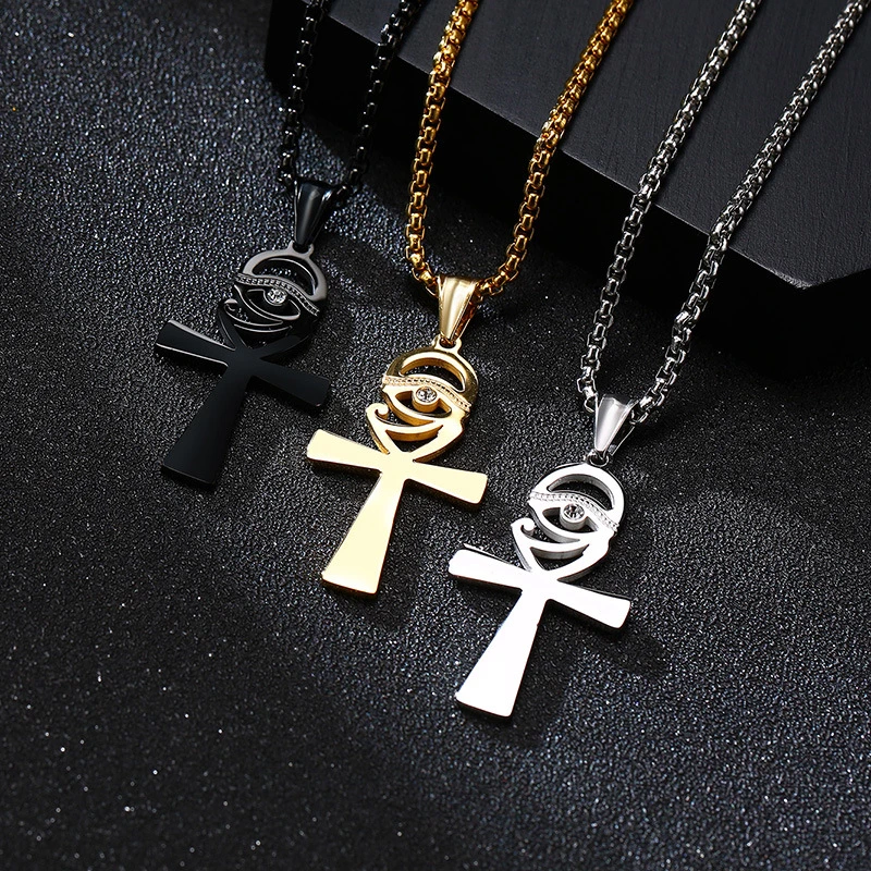 Jewelry Wholesale Factory Stainless Steel Zircon Anka Crucifix Pendant Black Necklace Men's Jewelry Pendant