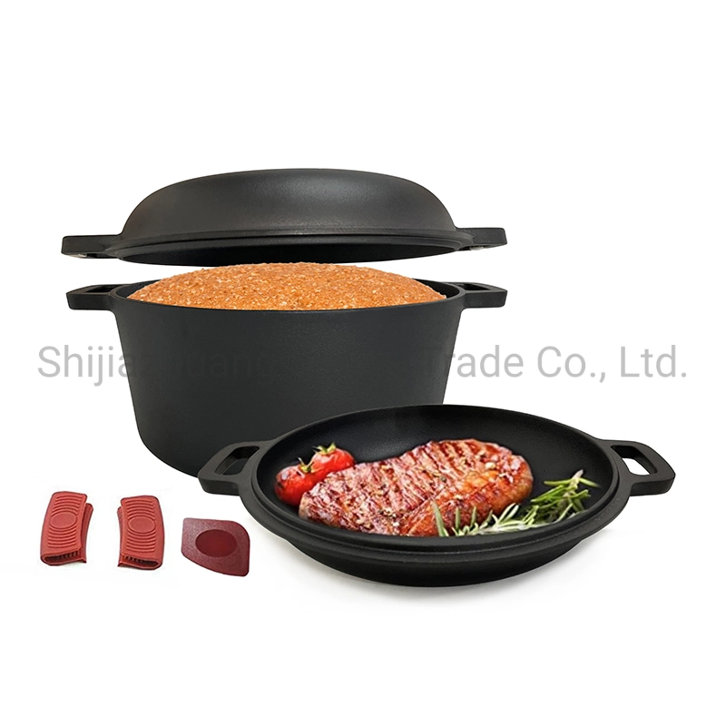 2 em 1 Ferro fundido Duplo Holandês Forno Pré-temperado 5-Quart Conjunto de fornos Multi-Cooker combinado Holandês Induction Safe