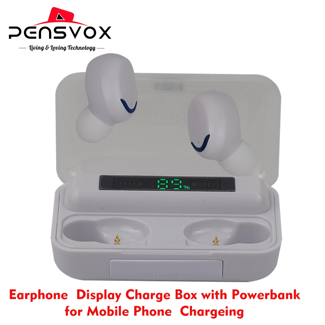 Fone de ouvido esportivo sem fio com gancho de orelha, display, caixa de carregamento e powerbank para celular Airpods PRO.