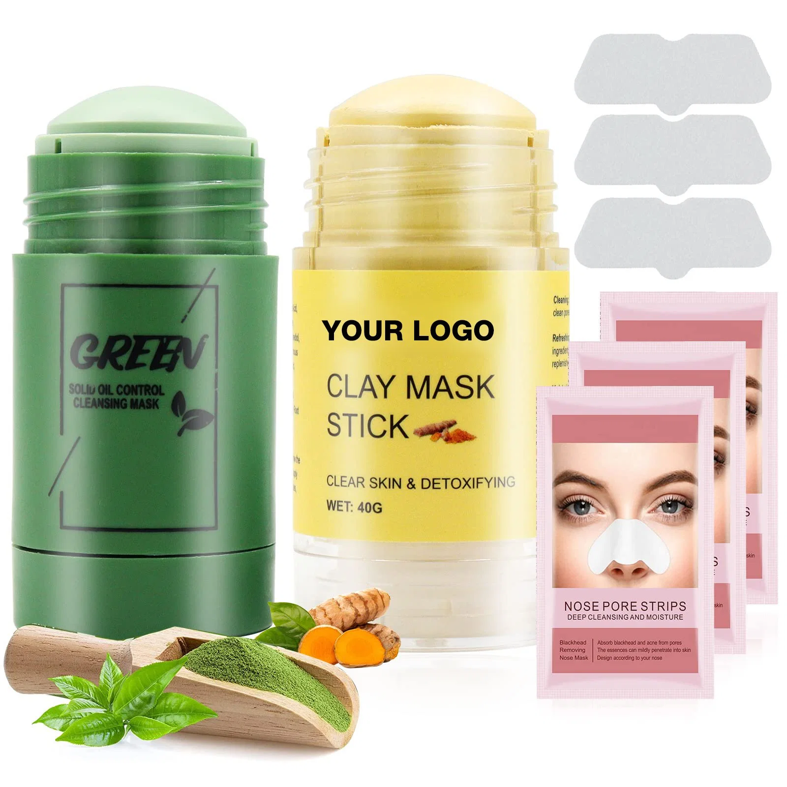 Vente en gros de masque facial à l'argile de curcuma et au thé vert pour nettoyer en profondeur les pores et illuminer la peau