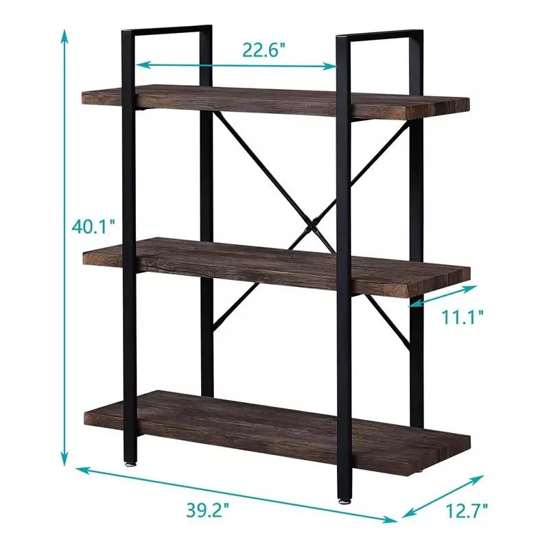 Wood Grain Vintage Brown 3-Shelf Industrial Bookshelf Open Etagere Bookcase with Metal Frame