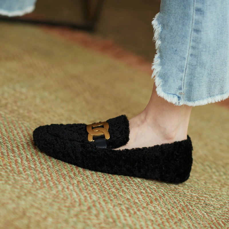 Warm Beige Wool Female Shoe Metal Chain Fake Lamb Fur Flat Winter Women Loafer