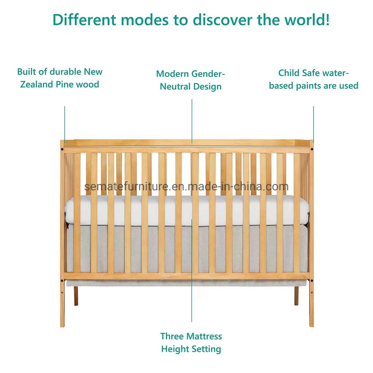 Preço de fábrica Atacado ajustável 5 em 1 Natural Convertible Baby berço de Madeira Baby Crib para recém-nascidos, crianças, crianças