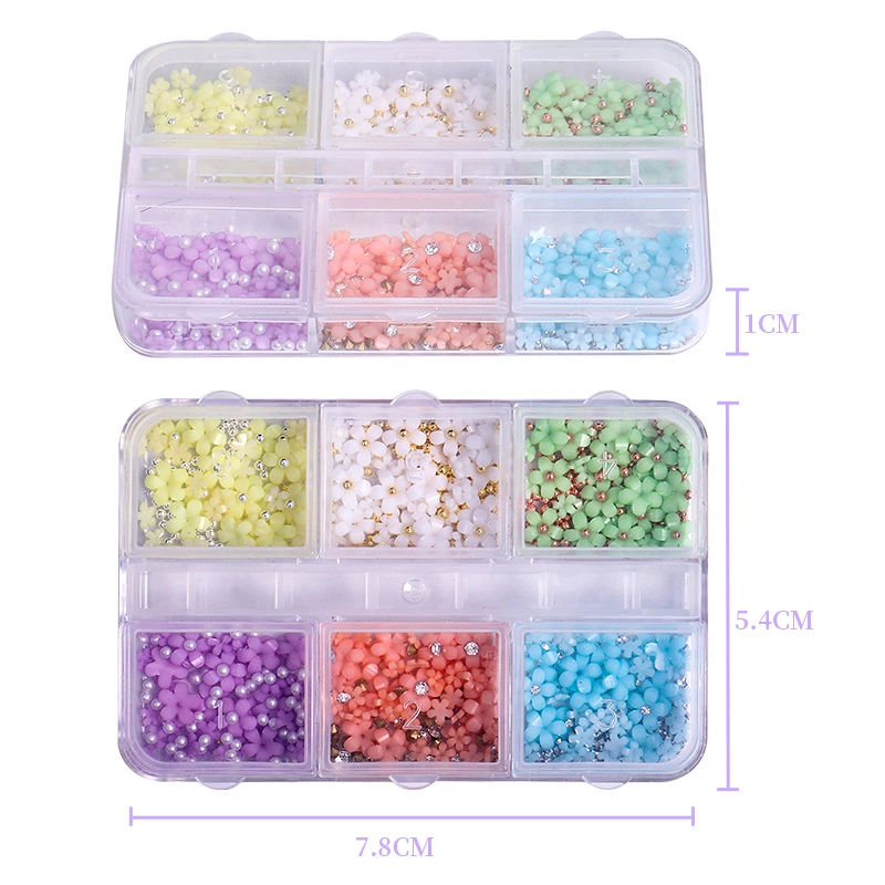 New Design 6 Grid Five Petal Resin Flower Mixed 3D Acrylic Flower Nail Charms for Nails Decoration