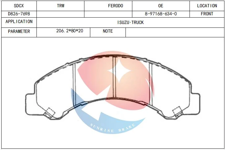 Sdcx Brake Pad D826-7698 /1K04-33-23z /D4053/D2302/D5119m Can Customized Customers Package for After Sale Market / Isuzu Commercial