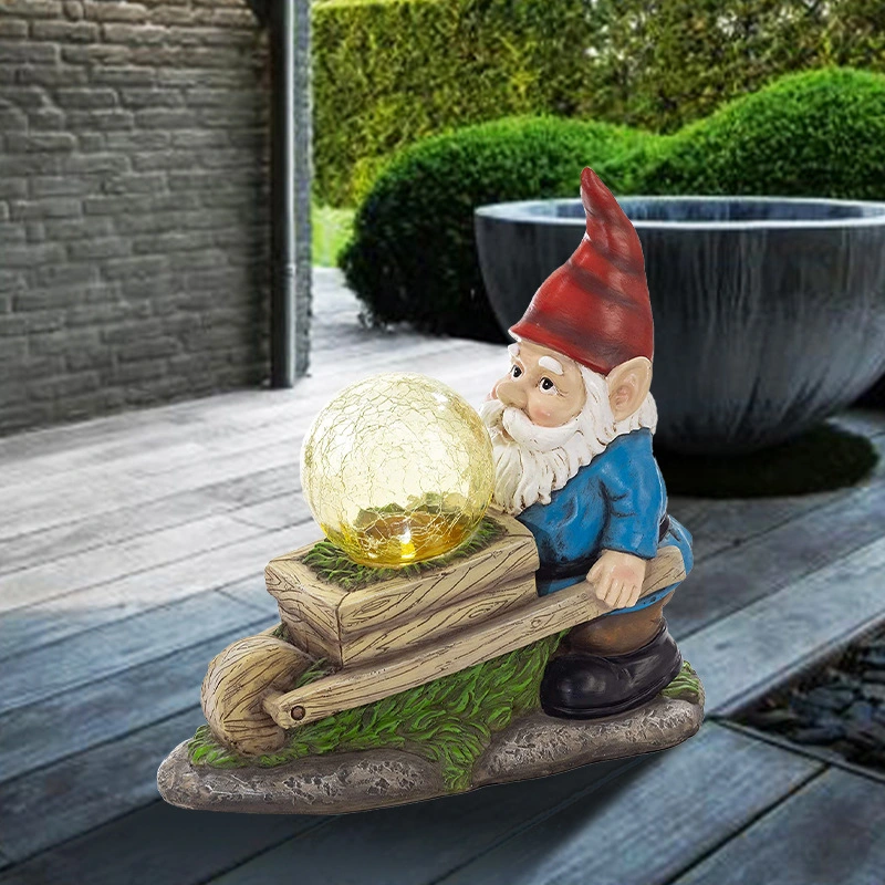 Wholesale Solar Powered LED Poly Resin Gnome Push Unicycle Landscape Lighting Outdoor Garden Holiday Decoration Yard Decoration