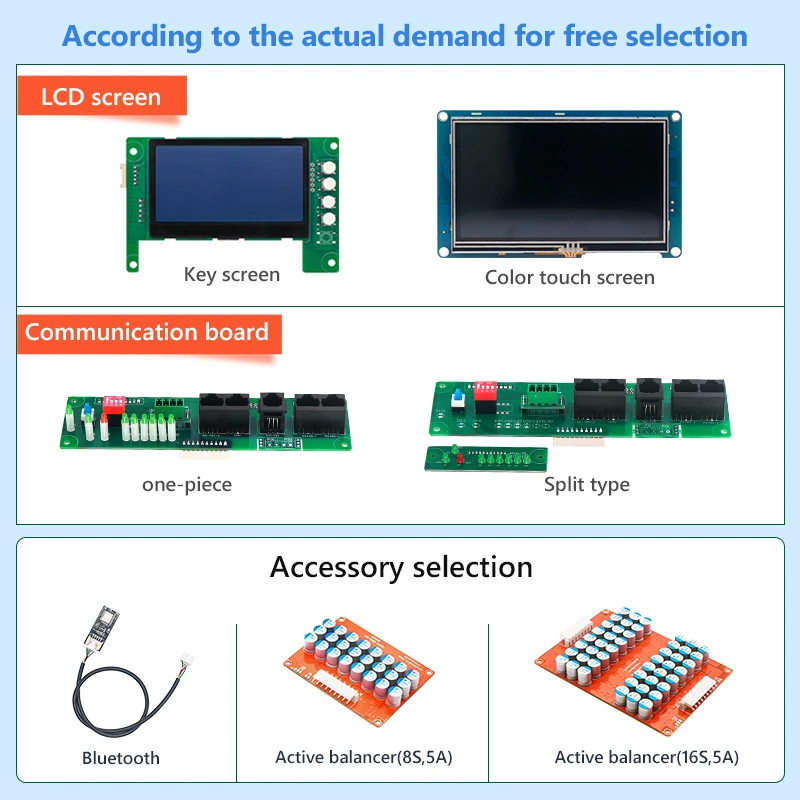 TDT 8s 15s 16s 100A 200A 24V 48V LiFePO4 Lithium Carte de protection de batterie LFP Cell Balance Integrated circuits Smart LCD RS485 CAN Bt RS232 BMS