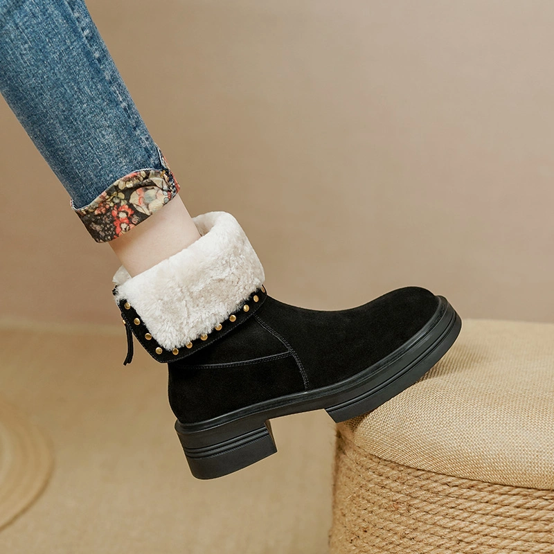 Ladies Black Suede Turnover Fur Collar Warm Winter Booties Flat Heel Ankle Boots for Women