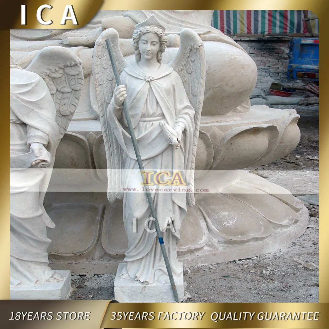 Natural White Marble Cemetery Angel with Wings Sculpture for Graveyard