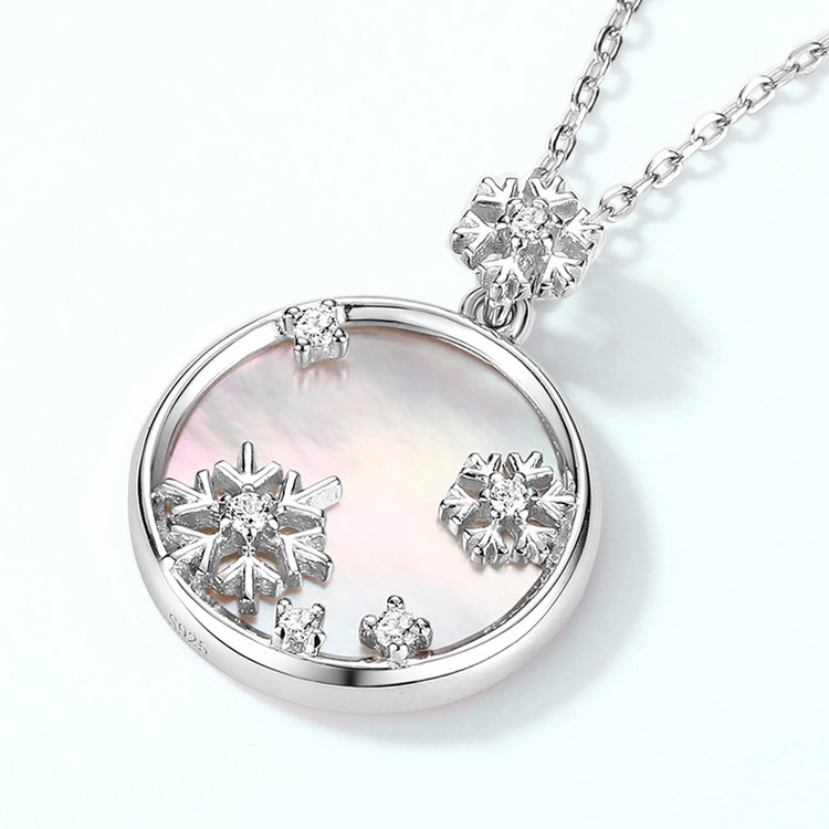 New Design White Shell Snowflake Woman Coin Pendant Necklace 925 Sterling Silver Jewelry