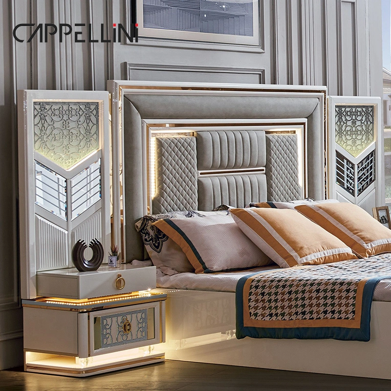 2023 New Contemporary Style Double Leather Soft Bed King Size Wooden Bedroom Furniture Set with Wardrobe Dressing Table
