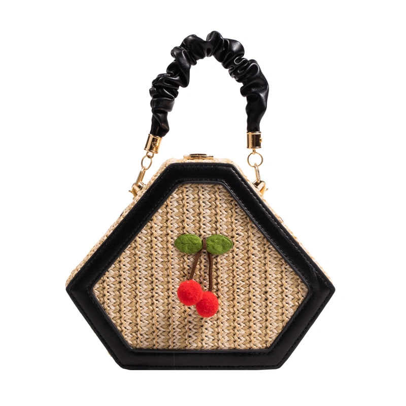 Summer New Straw Beach Cherry Decoration Fashion Straw Box Lady Shoulder Bag