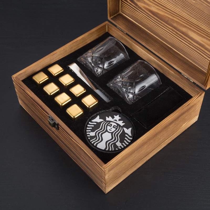 Stainless Steel Ice Cubes Whiskey Stones Silver/Gold in Wooden Box Gift Set Quick-Freezing Ice Cube Stones Whiskey Rocks