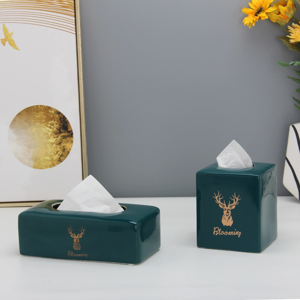 T018 High-End Ceramic Cyan Gold Tissue Box Holder Christmas Tissue Box Decor Home Porcelain Deer Square Box Tissue