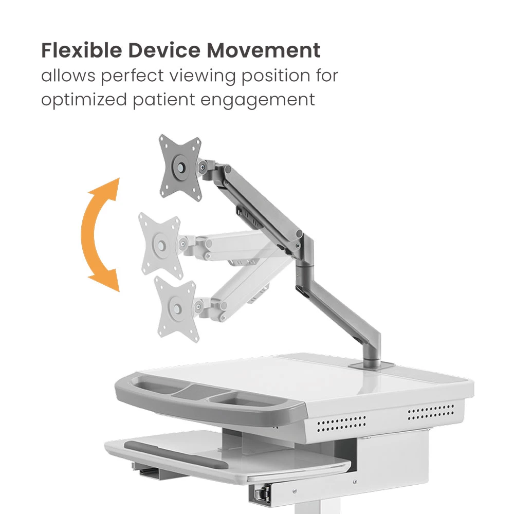 Gas-Lift Medical Cart Mobile Height Adjustable Trolley with Monitor Arm Wheels Keyboard Tray