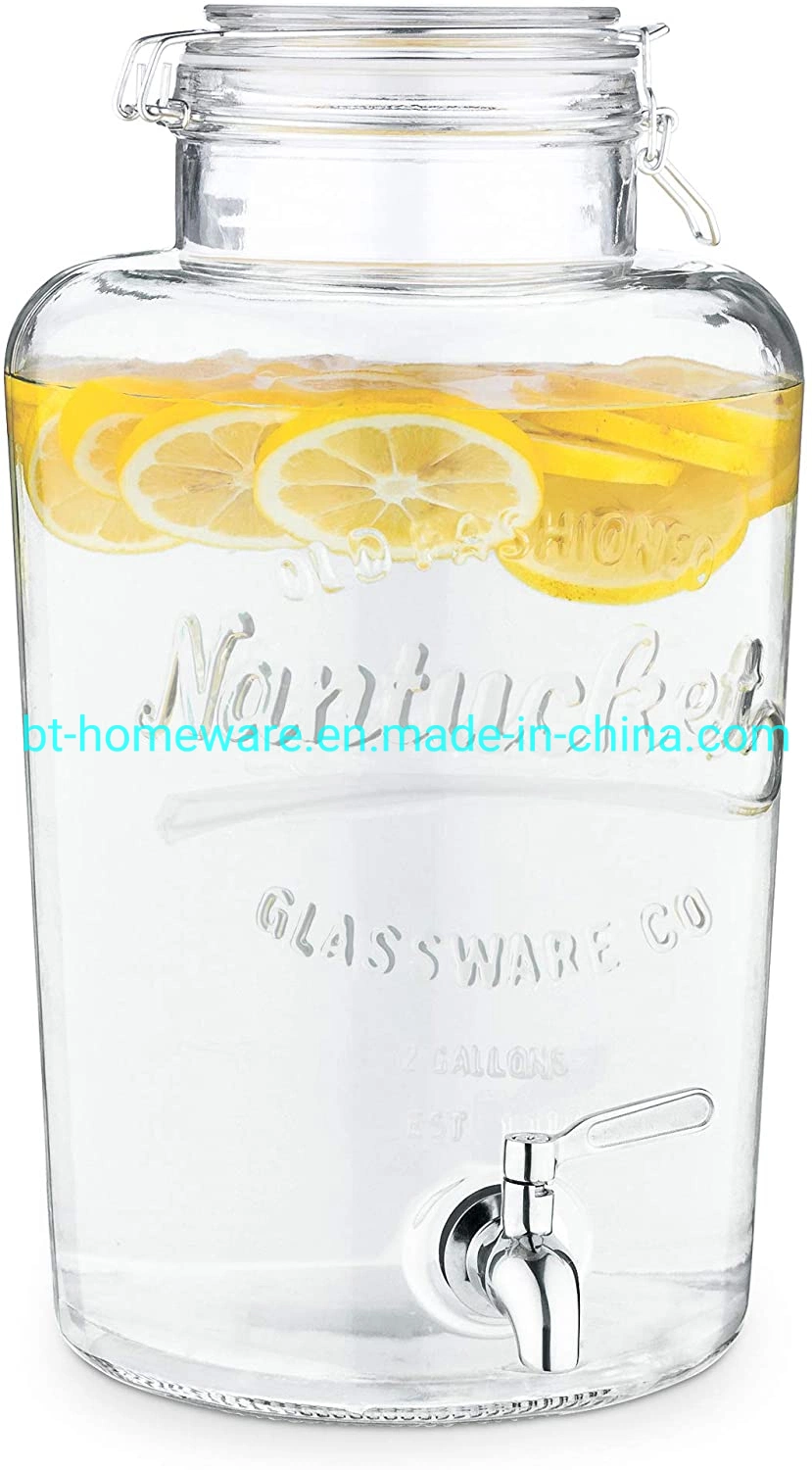 Wholesale 2 Gallon Glass Clear Wide Mouth Jar Dispenser with Stainless Steel Tap and Sealing Glass Lid