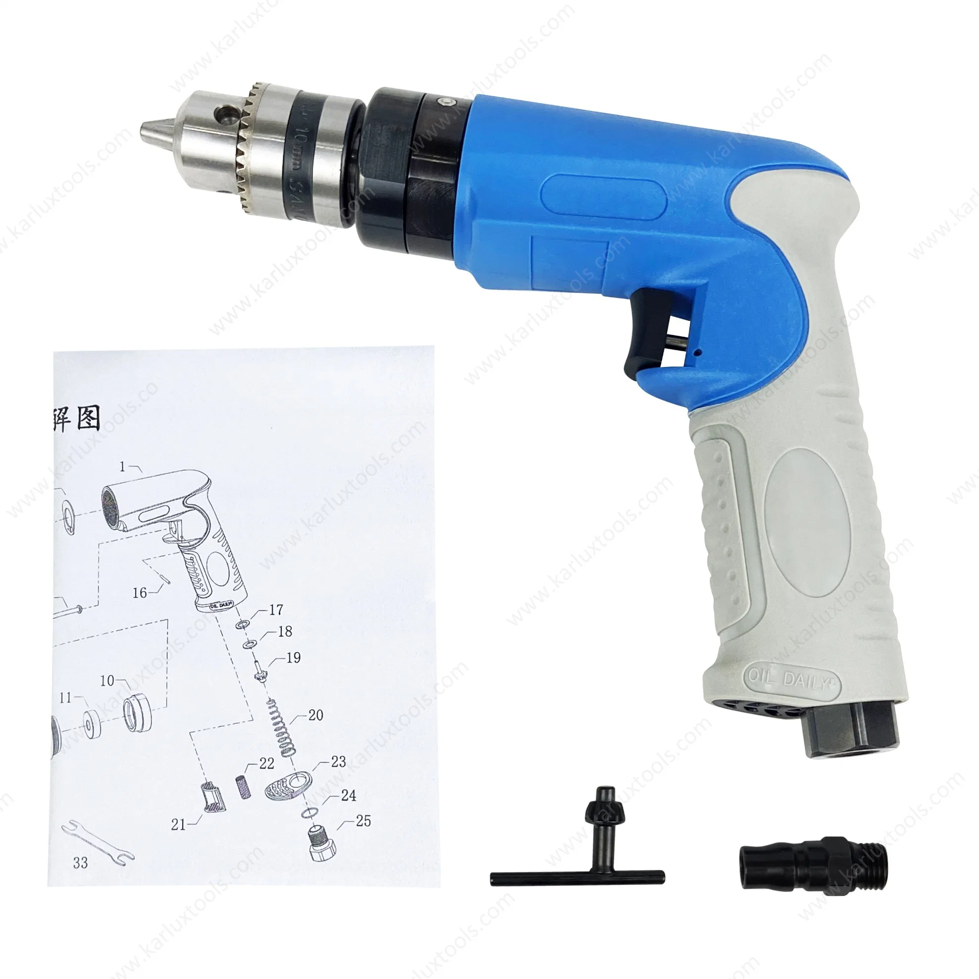 3, 000rpm 1.0HP Ultra-Low Noise Mini Hand Drill Industrial Non-Reversible Pistol Pneumatic Air Drill with Chuck 3/8''