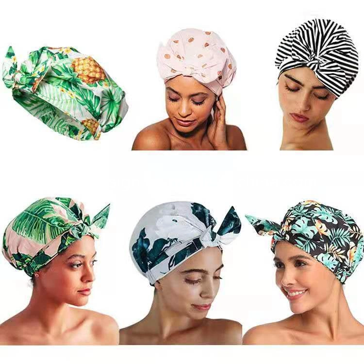 Fashion Women Stripe Coconut Palm and Polka DOT Print Pattern Waterproof Reusable Shower Hair Caps for Long Short Curly