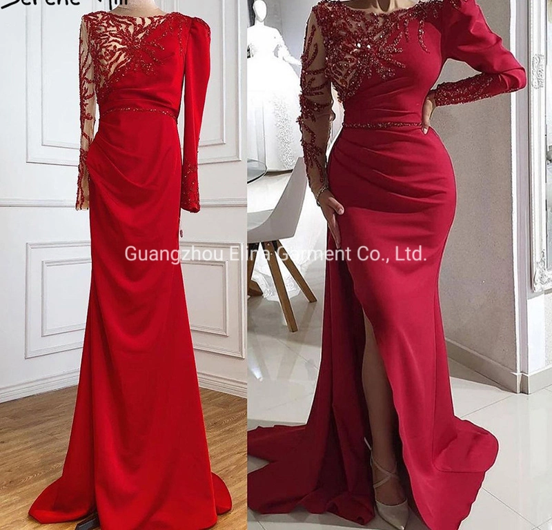 2021 Hot Selling Sex Beading Ball Dress Luxury Red Evening Party Frock Mermaid Bridesmaid Gowns Plus Size