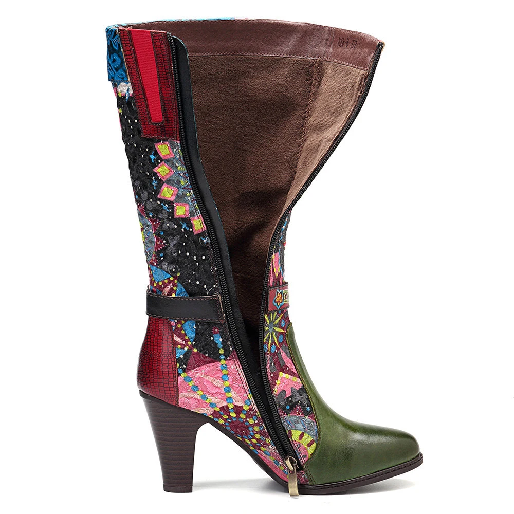 Boho Embossed Leather Long Boots Embroidered Pattern Handmade Shoes