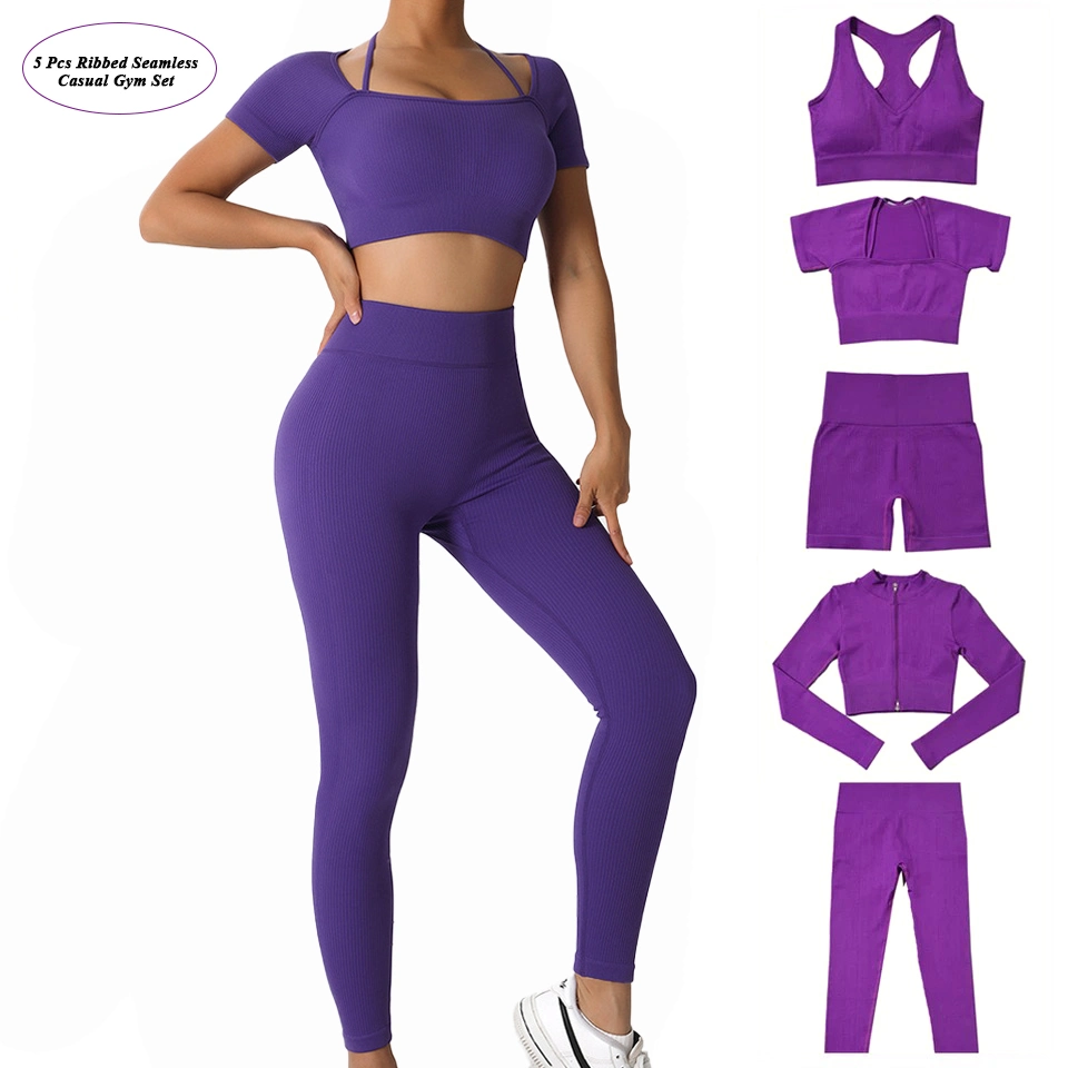 5PCS Ribbed High Quality Working out Set Body Shaping Training Apparel for Women, Custom Seamless Sportswear Fitness Top + Yoga Shorts + Leggings Gym Wear
