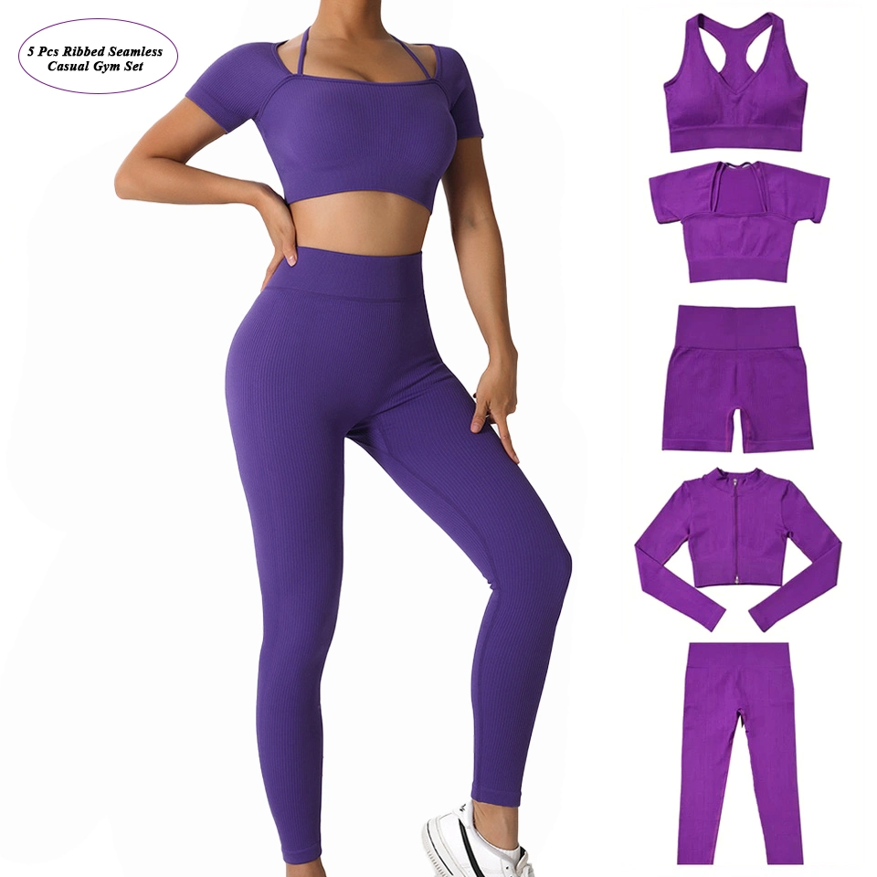 5PCS Ribbed High quality/High cost performance Working out Set Body Shaping Training Apparel for Women, Custom Seamless Sportswear Fitness Top + Yoga Shorts + Leggings Gym Wear