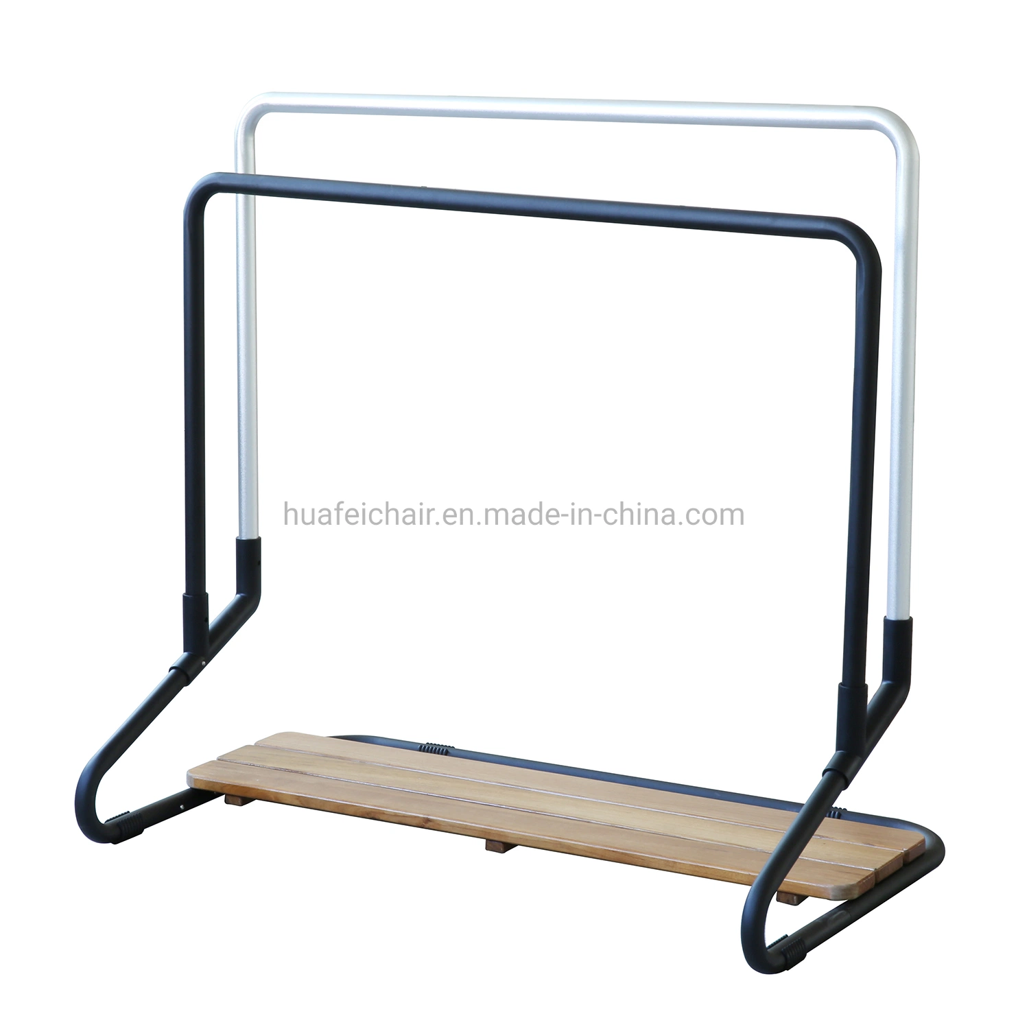 Freee Standing Aluminum Outdoor Towel Rack with Two Bars and Storage Shelf