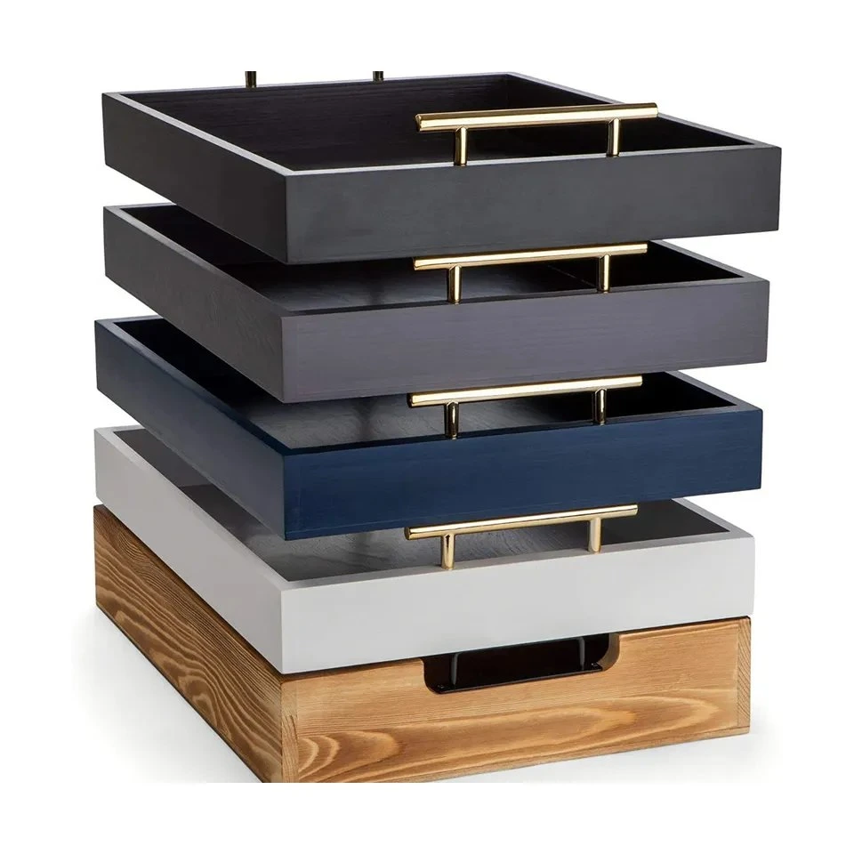 New Trend Home Decorative Table Decor Navy Blue Rectangle Metal Polished Handle Wooden Tray Food Party Wood Serving Tray