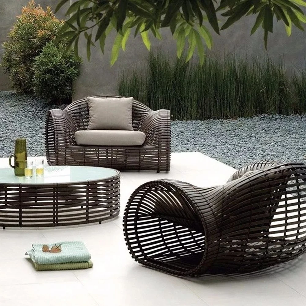 6 Seater Small Cushion Aluminum Bamboo Outdoor Garden Relax Furniture Set Sofa Set Curved Wicker Sofa Bed