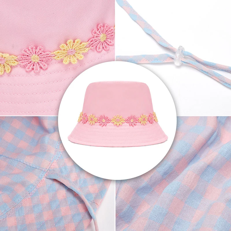 Flower Windproof Rope Custom Cotton Summer Outdoor Children Bucket Hat Fisherman Hat