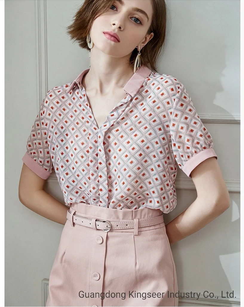 Lady New Fashion Ladies Short Sleeved Polyester Orange Chequer Printing Casual T Shirt Apparel for Women Tshirt