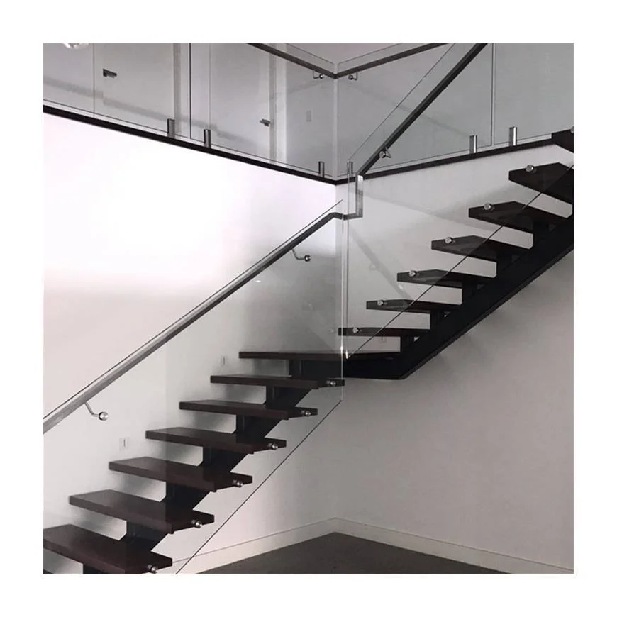 Mono Stringer escalera de madera cubierta de acero al carbono de la baranda de vidrio escaleras