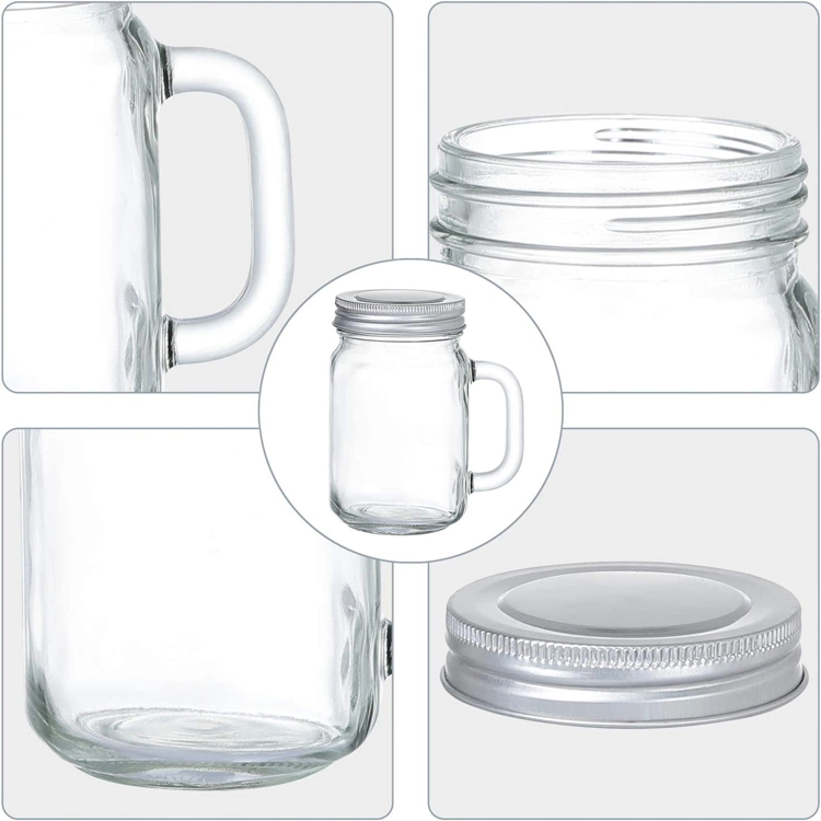 8oz quadratischer Glas-Mason-Becher mit Griff und Sliver Deckel für Getränke Limonade Bier Milchshakes Smoothies Marmelade