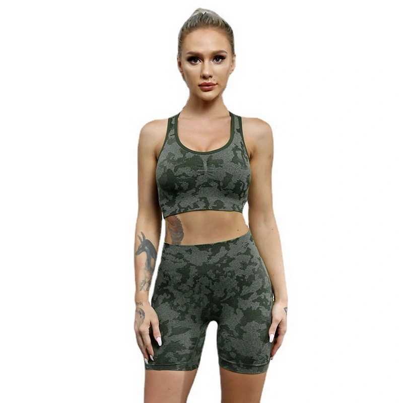 Top Premium Quality Womens Camo Active Wear Pilates Workout Clothes Olive Green Racer Back Yoga Bra and Athletic Shorts Gym Fitness Apparel