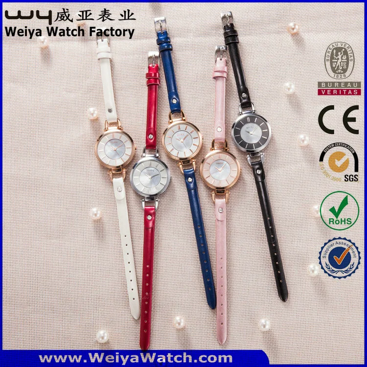 Factory OEM/ODM Leather Strap Quartz Ladies Wrist Watch (Wy-063C)