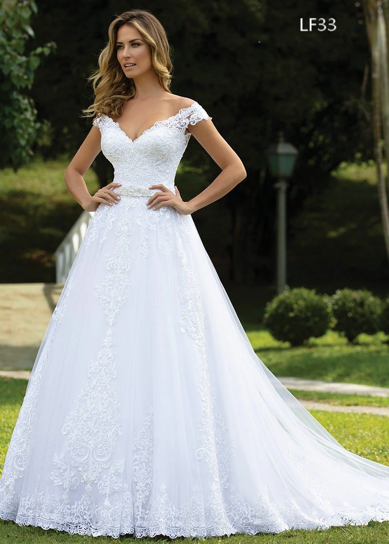 Lb33 V Neckline Beadaing Lace with Wedding Dress 75 Inch Train A-Line Skirt White