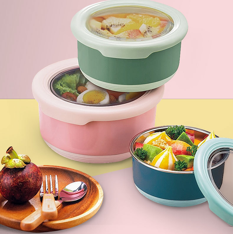 Stainless Steel Fresh-Keeping Box Anti-Scalding Lunch Box Round Shape Sealed Bowl Set