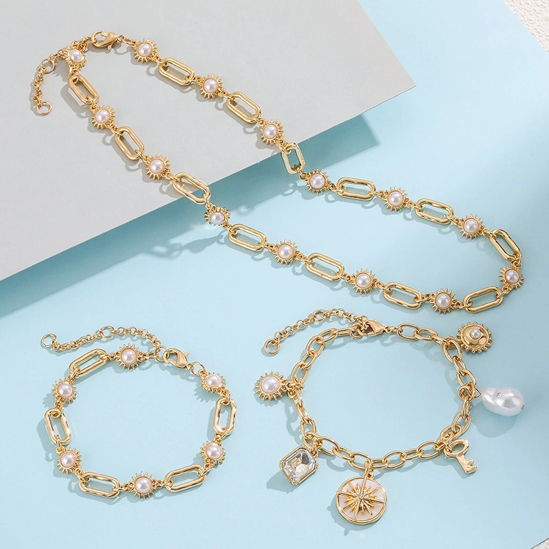 Design The New Boho 18K Gold Plated Jewelry Set Geometric Rhinestone Imitation Pearl Bracelet Necklace Women Jewelry Set