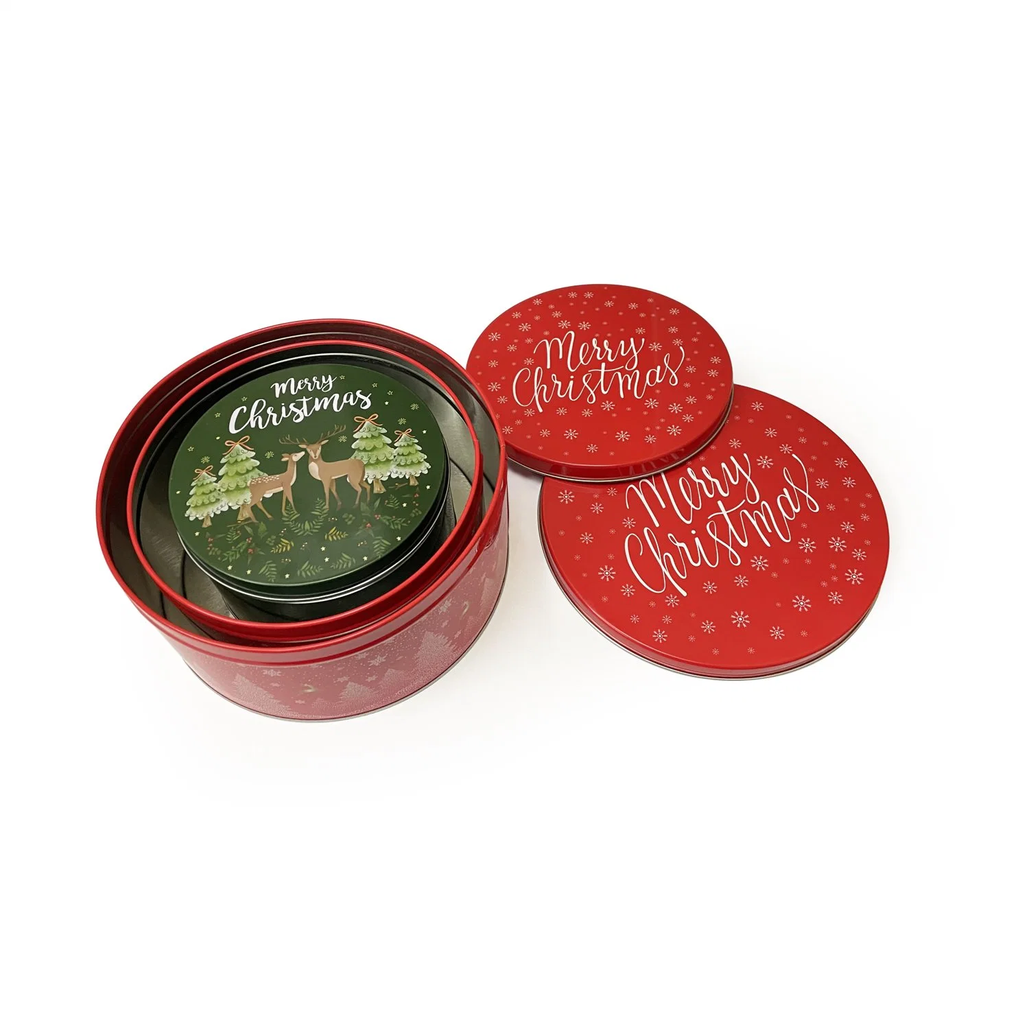 Christmas Metal Gift Box Popular Round Candy Tin Can Red Set