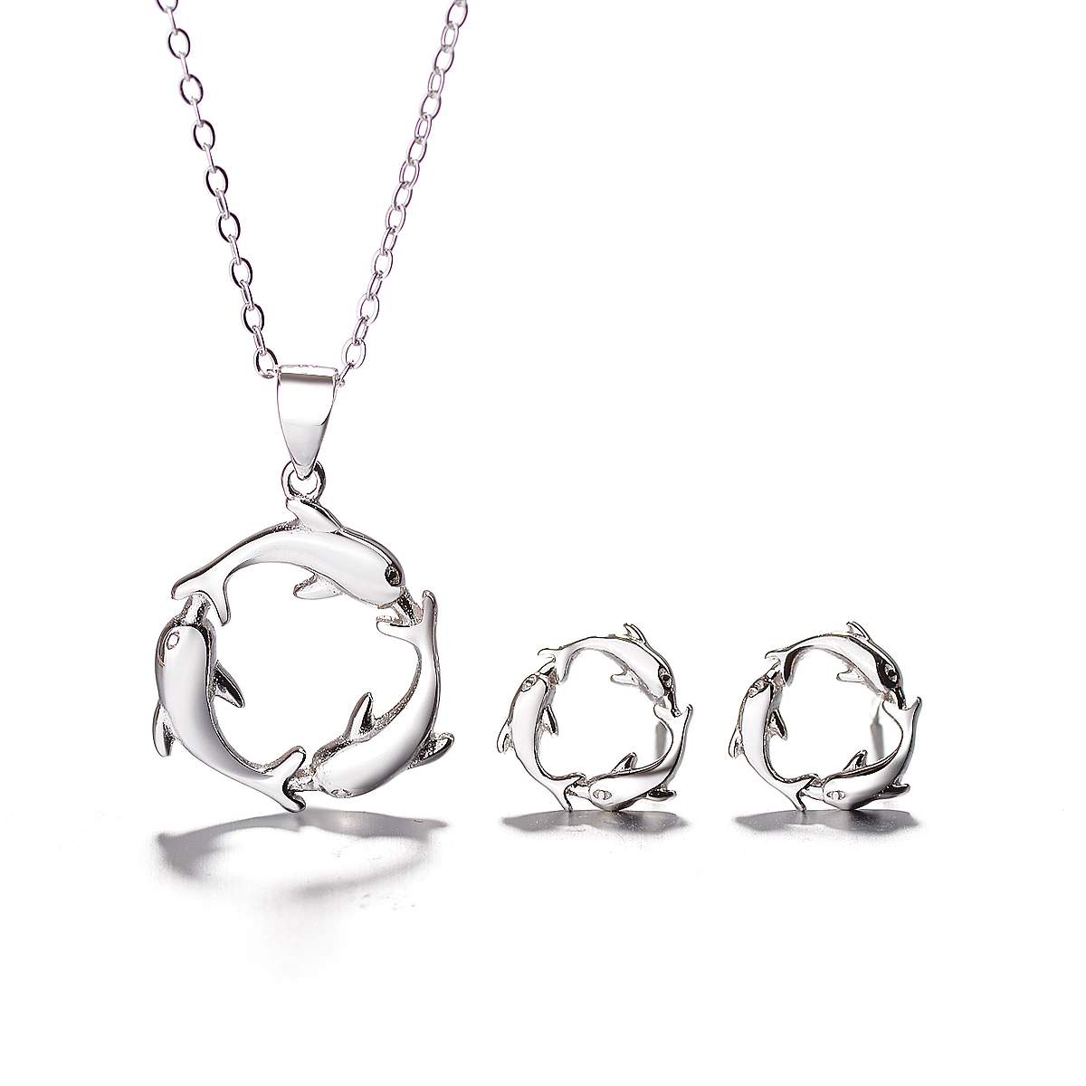 Fashion 925 Sterling Silver with Rhodium Plating Dolphin Earring and Pendant Set