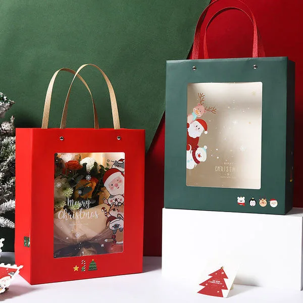 Eco Friendly Paper Material and Recyclable Packing Feature Christmas Gift Bag with Clear PVC Window Present Paper Bags