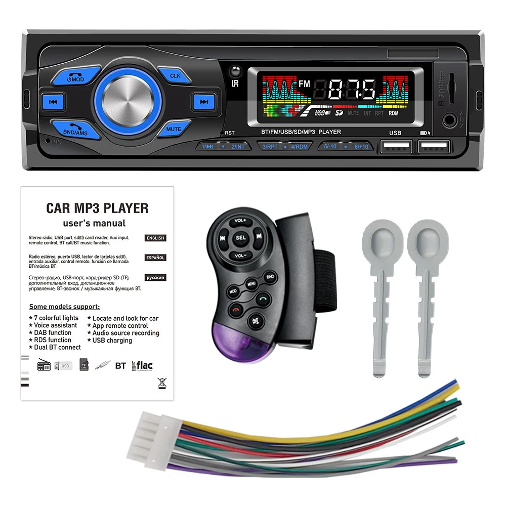 Voiture stéréo DIN simple lecteur MP3 Multimédia USB/SD/entrée auxiliaire Système sonore embarqué avec Bt et téléphonie mains libres