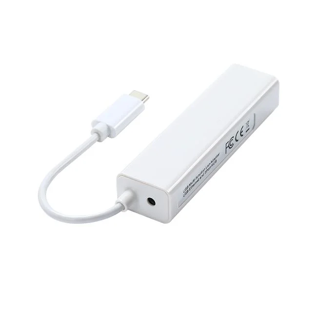 White USB C to 3 Pots USB 2.0 Hub with Ethernet