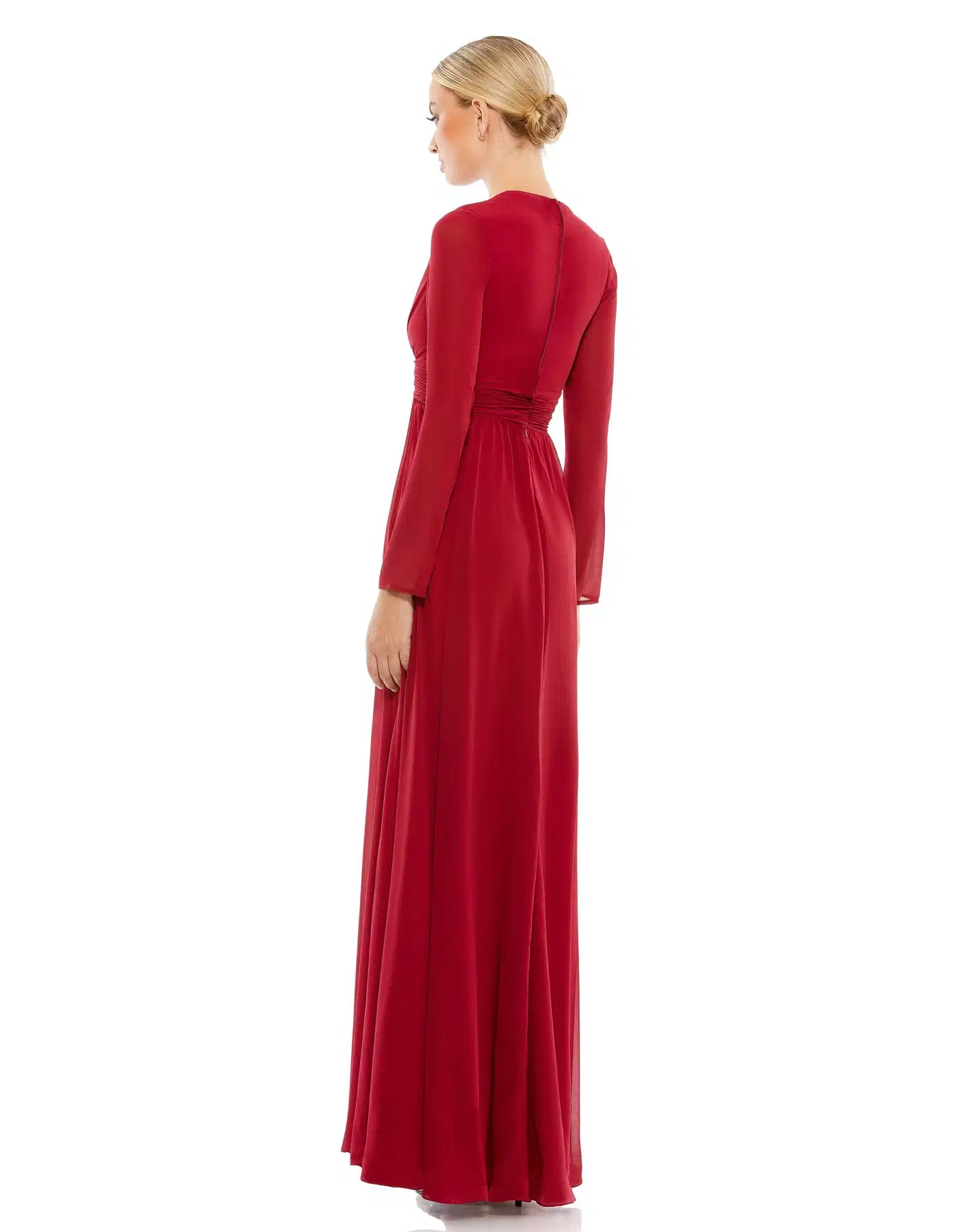 V-Neckline Ruched Waist A-Line Slit Long Sleeve Evening Gowns