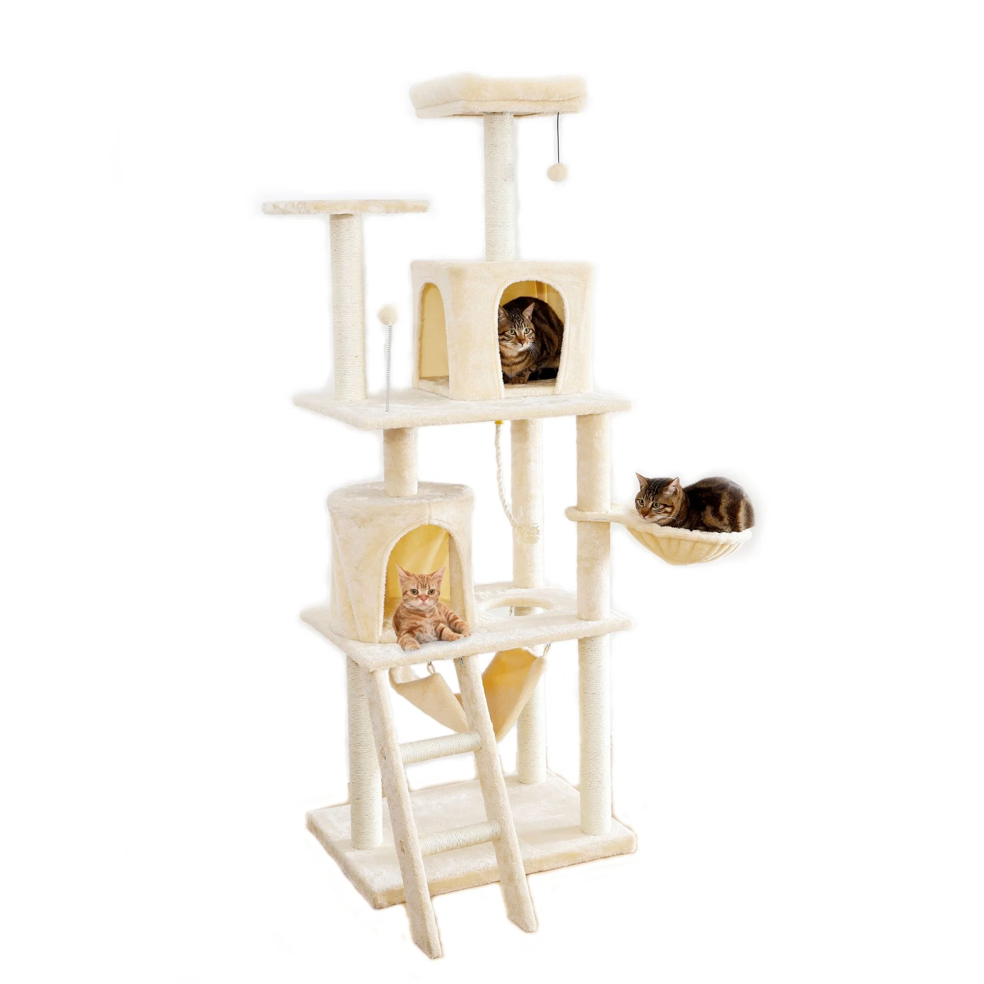 Venta de fábrica Multi Nivel de lujo Cat Tree House con escalera y se burlan de la bola Cat Hammock árbol con el rascado Post