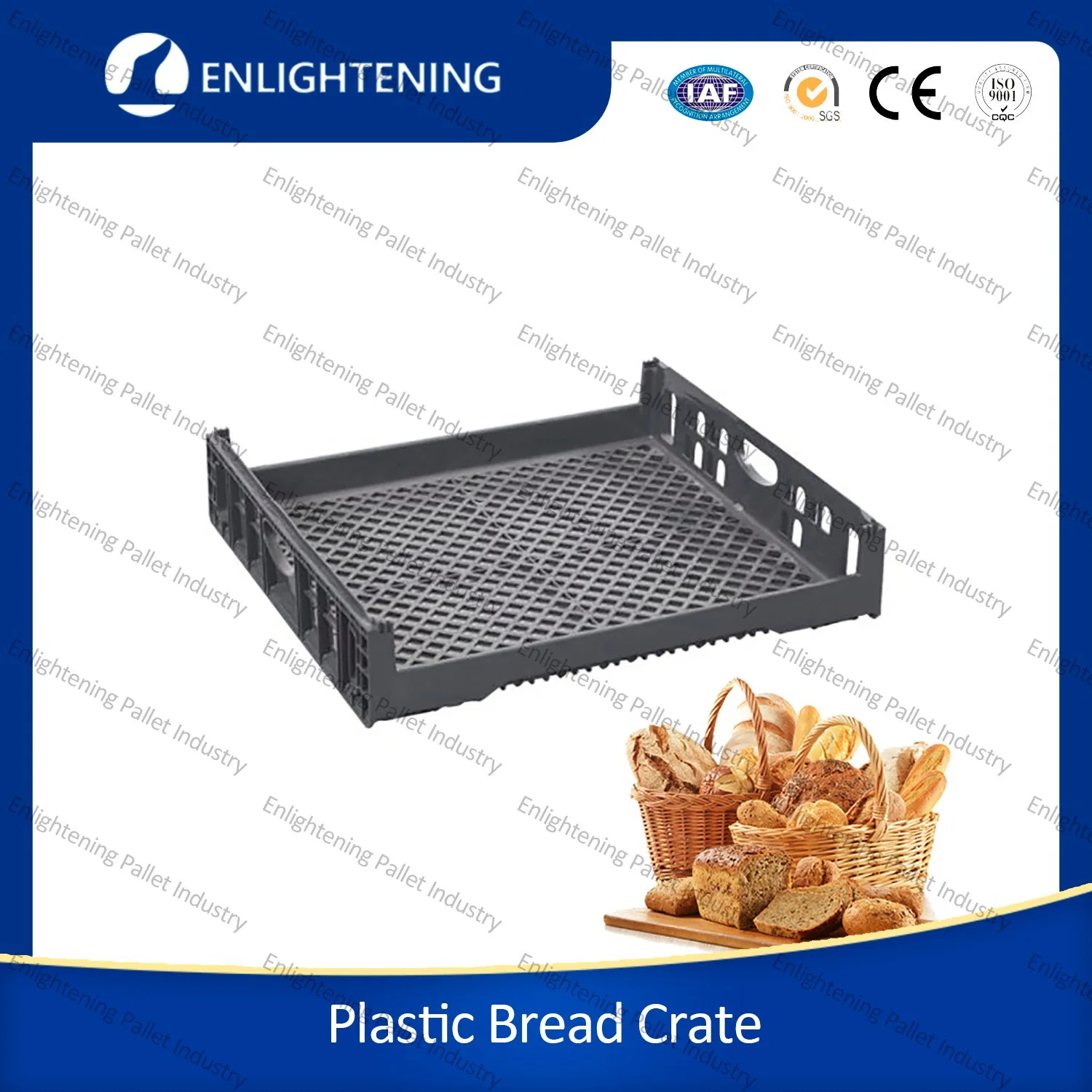 725X650X150mm Heavy Duty Food Grade Hygenic Mesh Vented Large Big Grey Blue Bakery PP Stackable Plastic Bread Crates for Transporting Bread and Pastry Sale