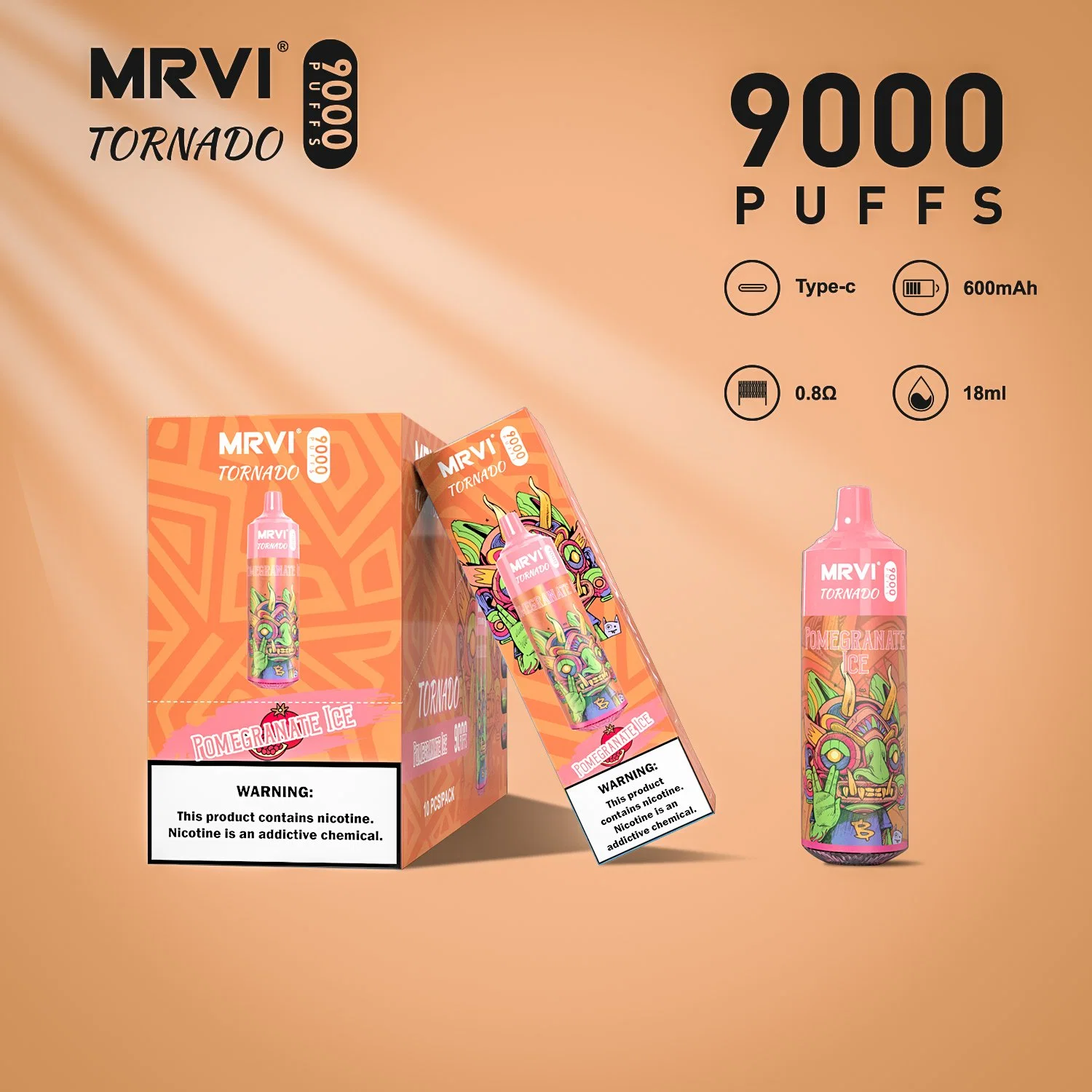 Оригинальные резиновые манжеты Mrvi Tornado 9000 одноразовые стилус Vape Pen 10 0%2% &amp;3%5% Перезаряжаемый RGB-резервуар, исполнение 10 вкусов, тип C Одноразовый мини-сигарет