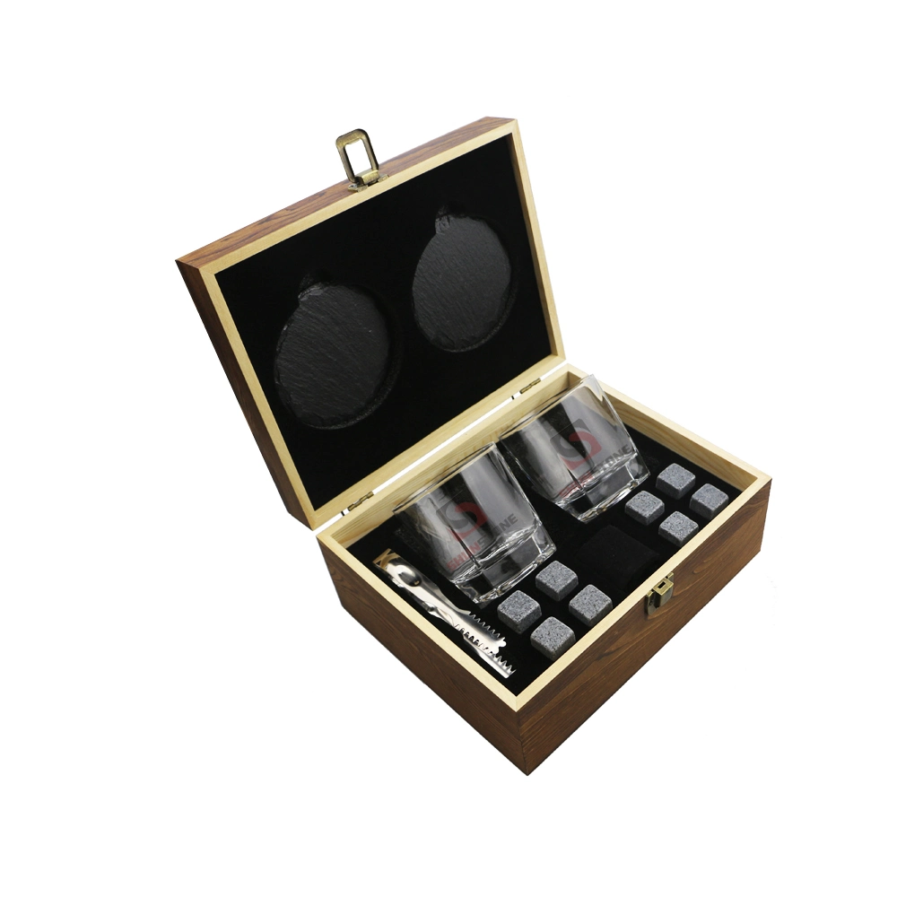 Metal Ice Cubes Stainless Steel Reusable Whiskey Stones with Twist Glasses Black Stone Coaster Set in Wooden Gift Box for Wine, Spirit, Cocktail, Household
